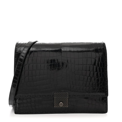 Crocodile Accordion Flap Shoulder Bag Black