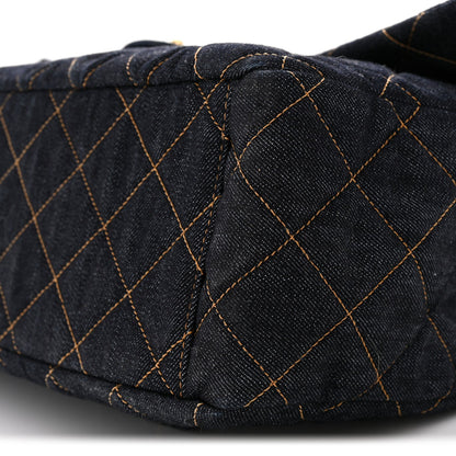Denim Quilted XXL Travel Flap Bag Dark Blue Orange
