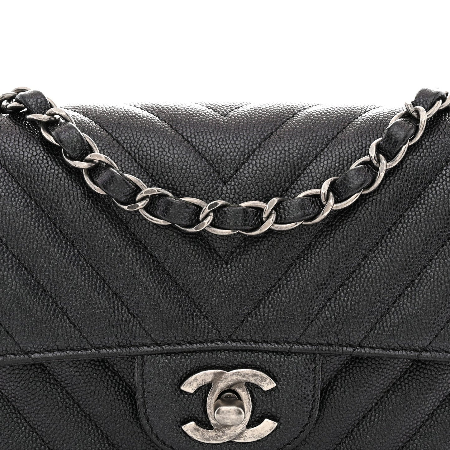 Iridescent Caviar Chevron Quilted Mini Rectangular Flap Black