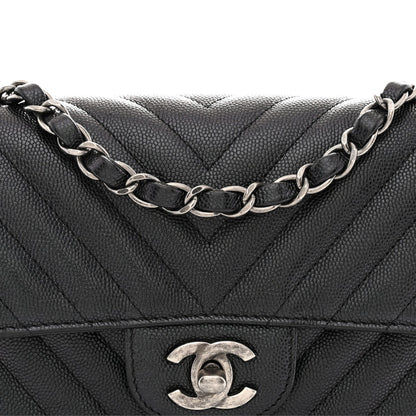 Iridescent Caviar Chevron Quilted Mini Rectangular Flap Black