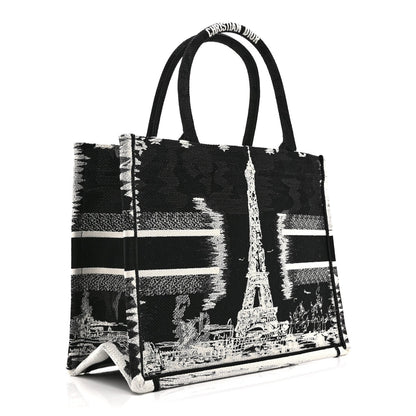Canvas Embroidered Medium Paris Book Tote Black White