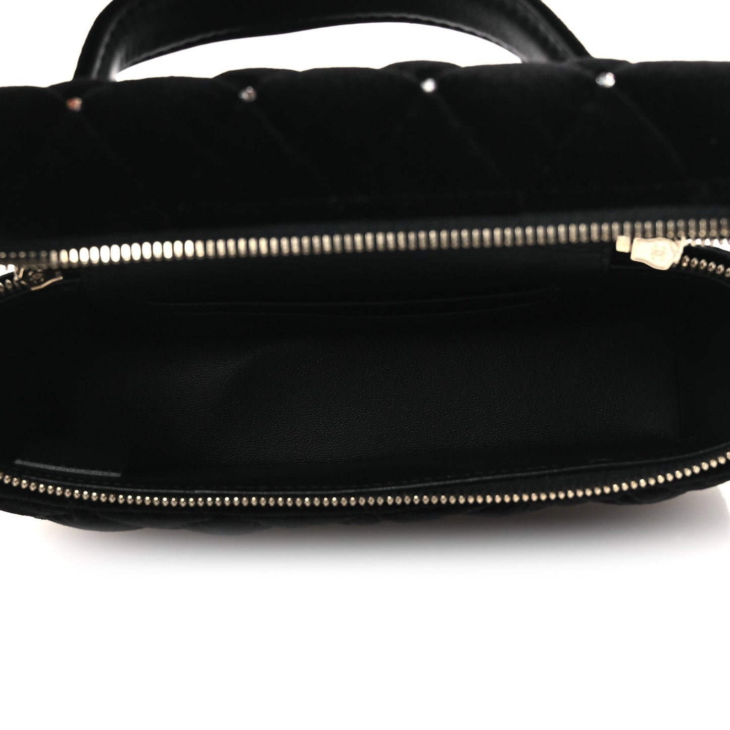Velvet Diamanté Quilted Top Handle Slim Vanity Case With Chain Black