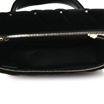 Velvet Diamanté Quilted Top Handle Slim Vanity Case With Chain Black