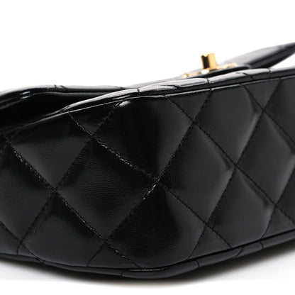 Shiny Lambskin Quilted Twisted Links Top Handle Flap Black