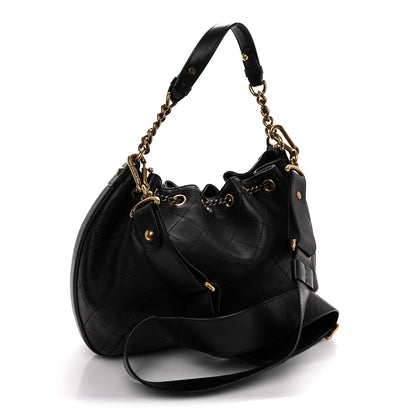 Calfskin Stitched Small Paris Rome Drawstring CC Bag Black