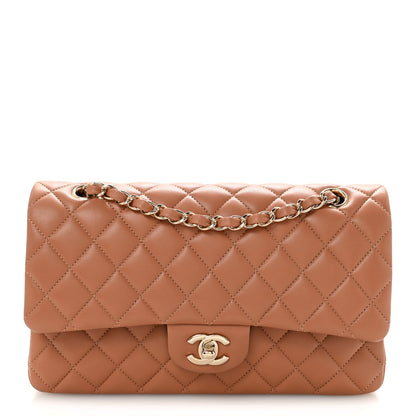 Lambskin Quilted Medium Double Flap Brown
