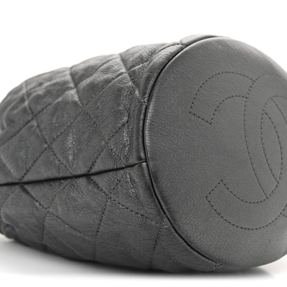 Metallic Lambskin Quilted Pearl Crown Drawstring Bag Anthracite