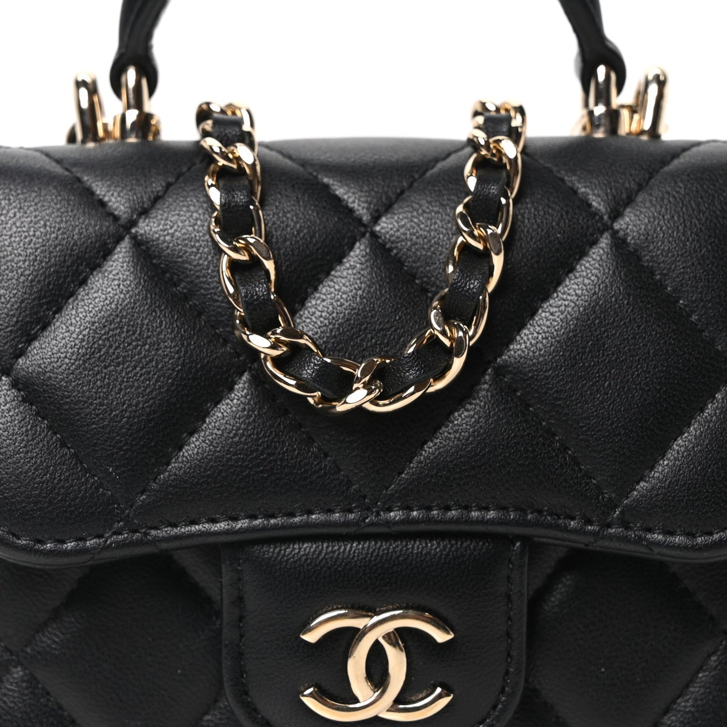 Lambskin Quilted Top Handle Flap Clutch With Chain Black