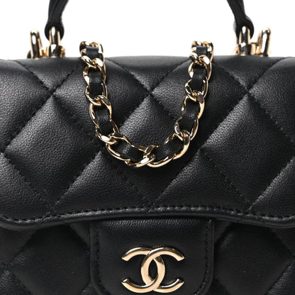 Lambskin Quilted Top Handle Flap Clutch With Chain Black