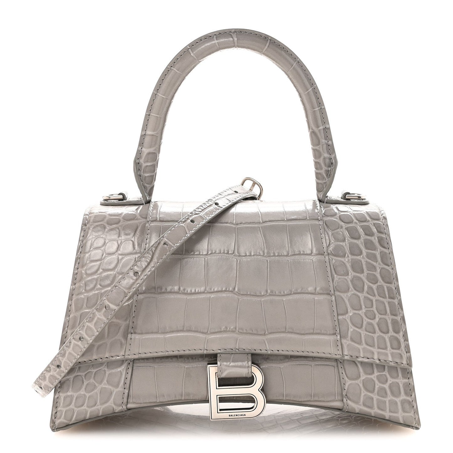 Shiny Calfskin Crocodile Embossed Small Hourglass Top Handle Bag Balenciaga Grey