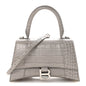 Shiny Calfskin Crocodile Embossed Small Hourglass Top Handle Bag Balenciaga Grey