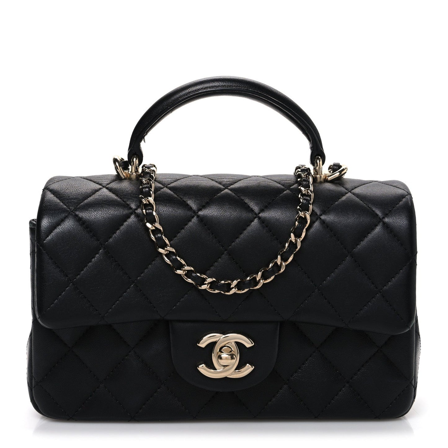 Lambskin Quilted Mini Top Handle Rectangular Flap Black