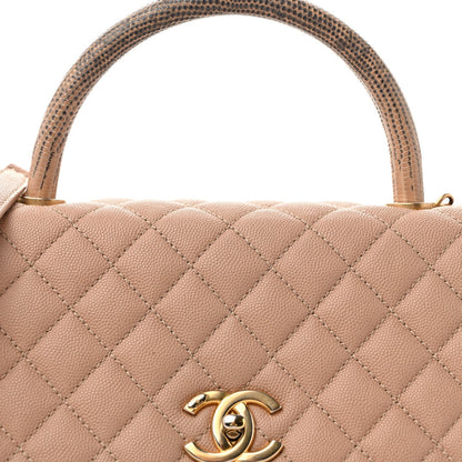 Caviar Lizard Quilted Small Coco Handle Flap Beige