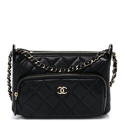 Shiny Crumpled Lambskin Quilted Small Preppy Pocket Clutch With Chain Black