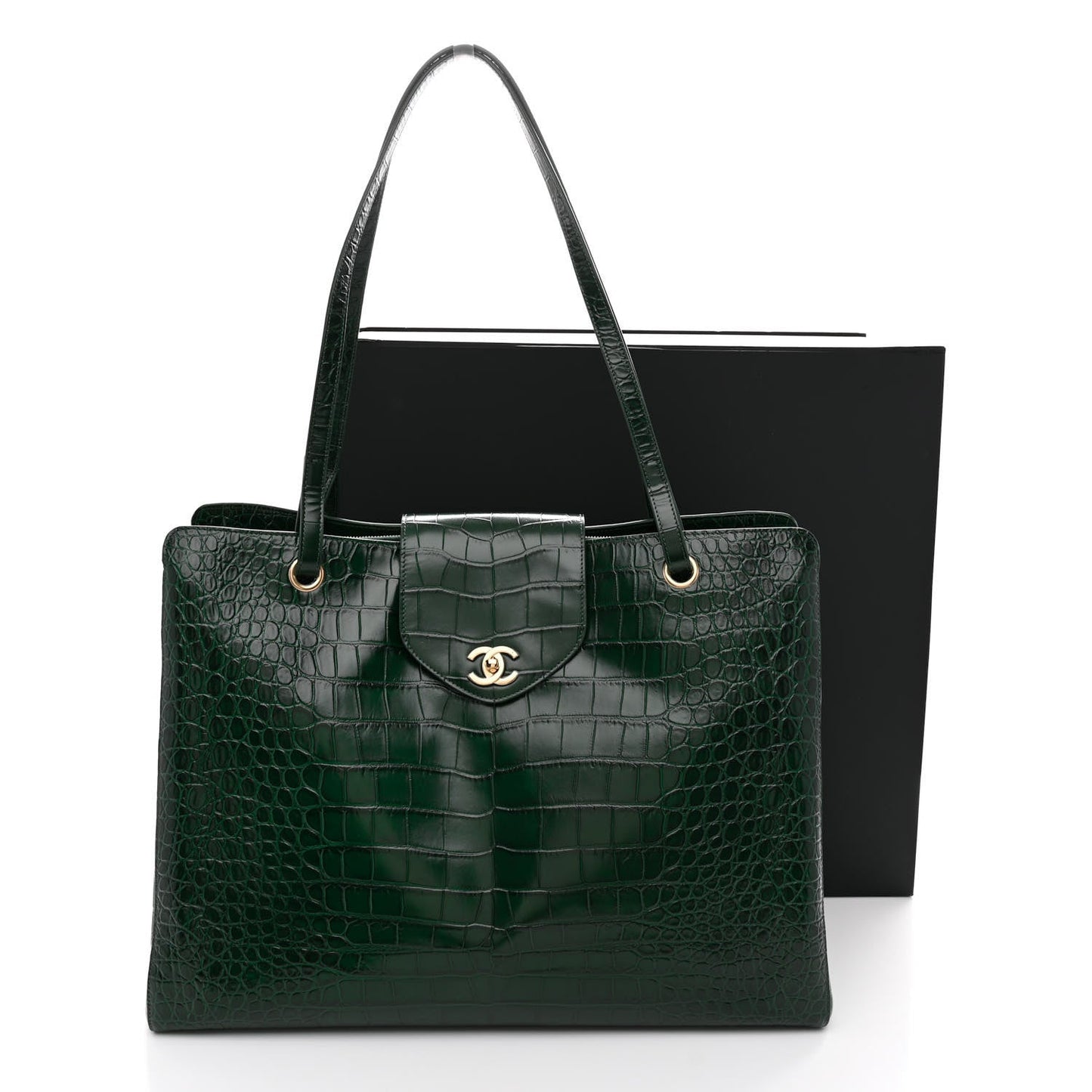 Calfskin Crocodile Embossed Large Shopping Bag Dark Green