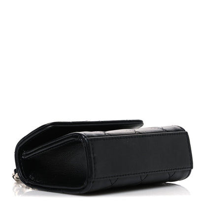 Lambskin Quilted Mini Metal Top Handle Flap Clutch With Chain  Black