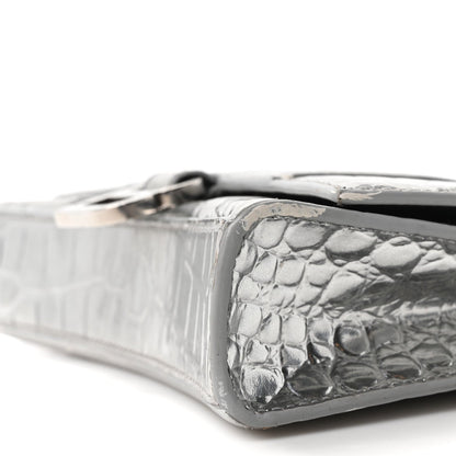 Metallic Calfskin Crocodile Embossed Hourglass Chain Bag Silver