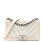 Lambskin Iridescent PVC Chevron Quilted Medium Boy Flap White Silver