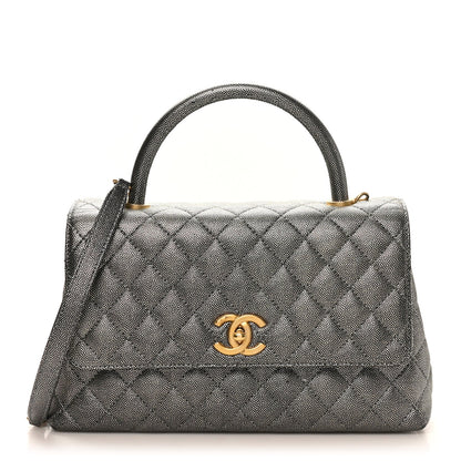 Metallic Caviar Quilted Small Coco Handle Flap Silver