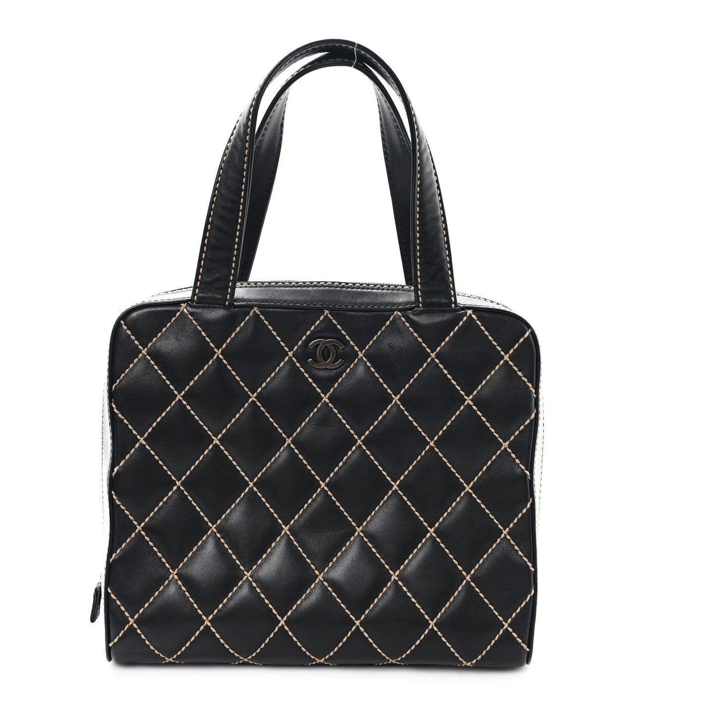 Calfskin Wild Stitch Vertical Top Handle Bag Black