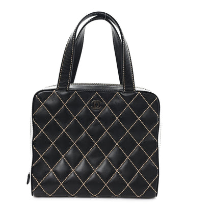 Calfskin Wild Stitch Vertical Top Handle Bag Black