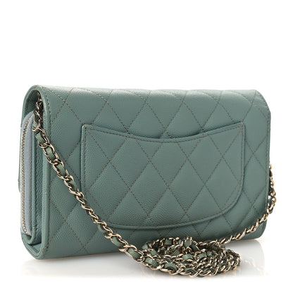Caviar Quilted Phone Holder Wallet on Removable Chain Light Blue