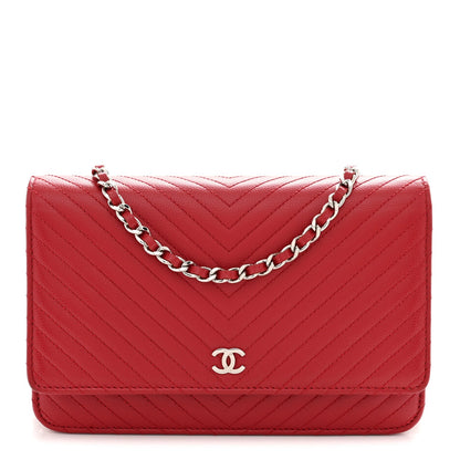Caviar Chevron Quilted Wallet On Chain WOC Dark Red