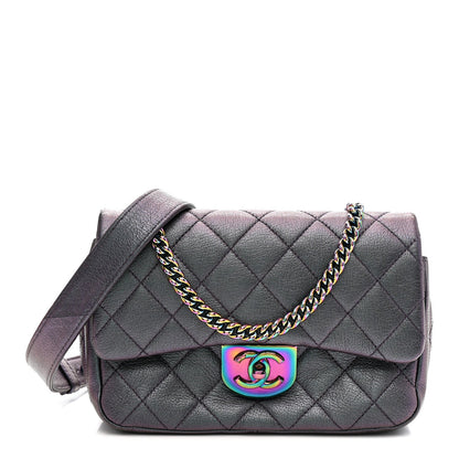 Iridescent Goatskin Quilted Small Double Carry Waist Chain Flap Purple