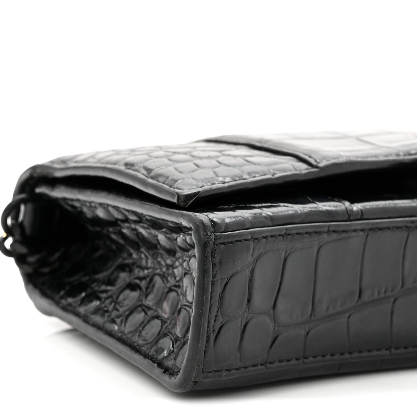 Shiny Calfskin Monochrome Crocodile Embossed Hourglass Chain Bag Black