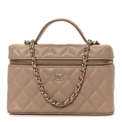 Caviar Quilted Top Handle Slim Vanity With Chain Dark Beige