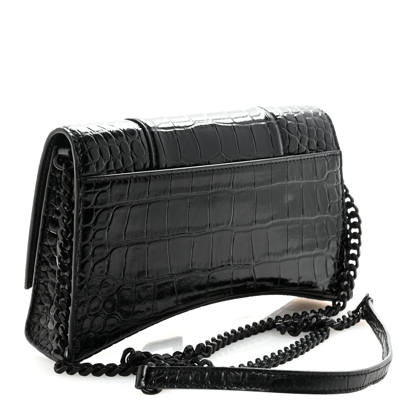Shiny Calfskin Monochrome Crocodile Embossed Small Hourglass Evening Chain Bag Black