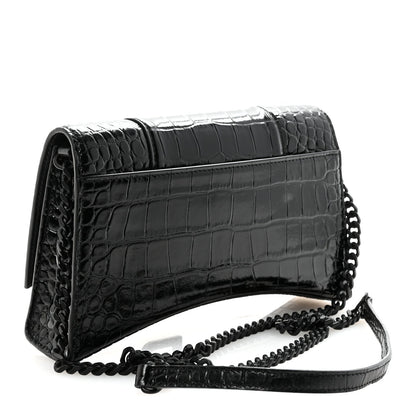 Shiny Calfskin Monochrome Crocodile Embossed Small Hourglass Evening Chain Bag Black