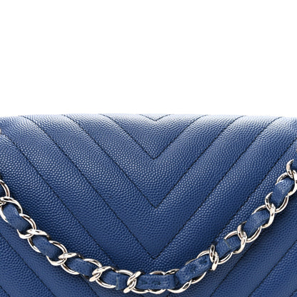 Caviar Chevron Quilted Medium Double Flap Blue