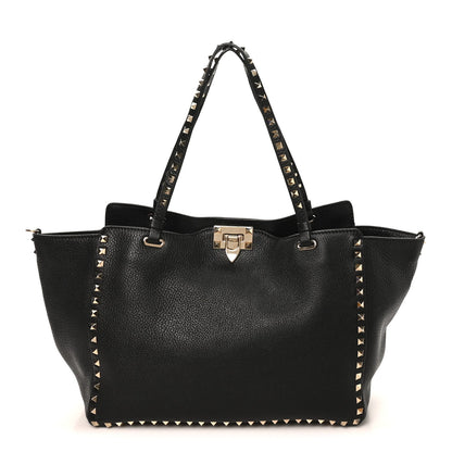 Pebbled Calfskin Medium Rockstud Tote Black
