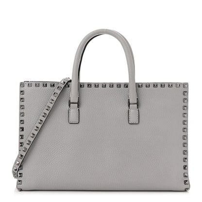 Grained Calfskin Medium Rockstud Double Handle Horizontal Tote Pastel Grey