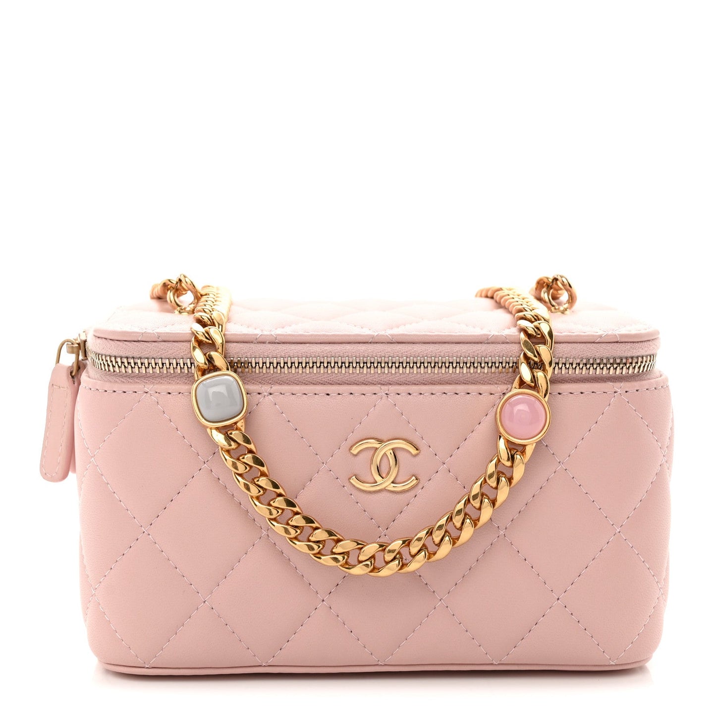 Lambskin Quilted Pearl Enamel Small Vanity Case With Chain Light Pink