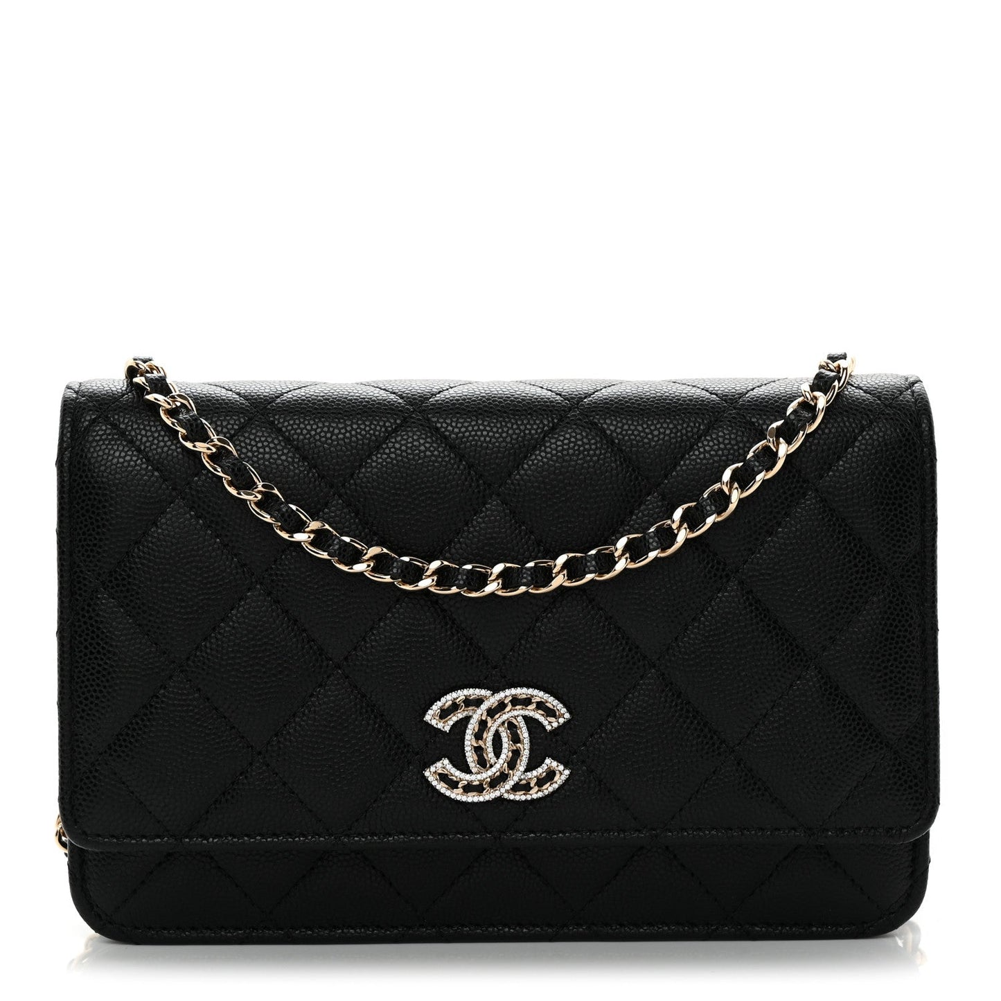 Caviar Quilted Crystal CC Wallet On Chain WOC Black