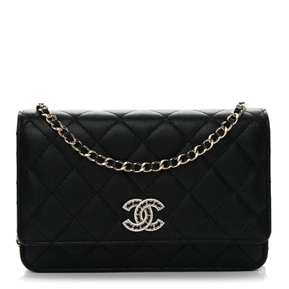 Caviar Quilted Crystal CC Wallet On Chain WOC Black
