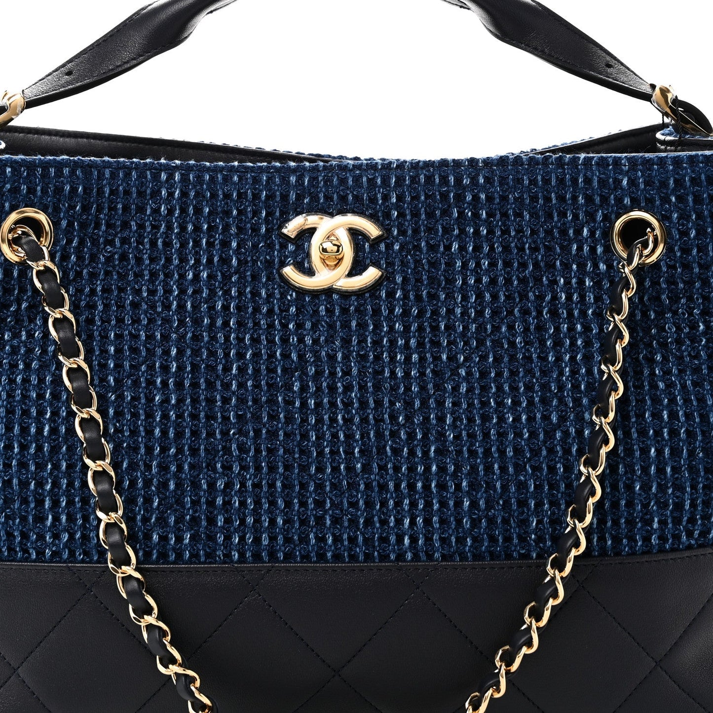 Tweed Shiny Lambskin Quilted Coco Base Small Shopping Bag Dark Blue