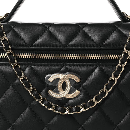 Lambskin Quilted Crystal CC Top Handle Slim Vanity Case With Chain Black