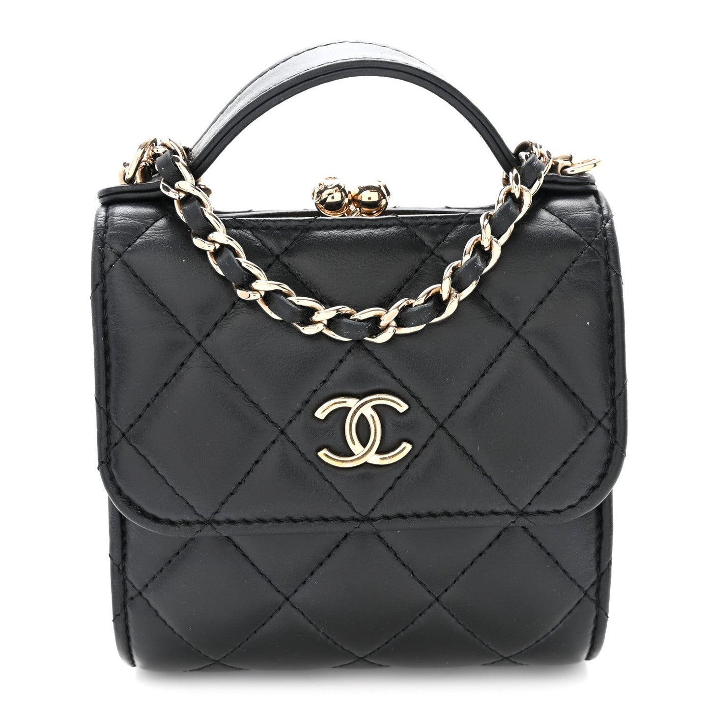 Lambskin Quilted Kiss Lock Top Handle Flap Clutch With Chain Black