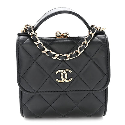 Lambskin Quilted Kiss Lock Top Handle Flap Clutch With Chain Black