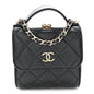 Lambskin Quilted Kiss Lock Top Handle Flap Clutch With Chain Black