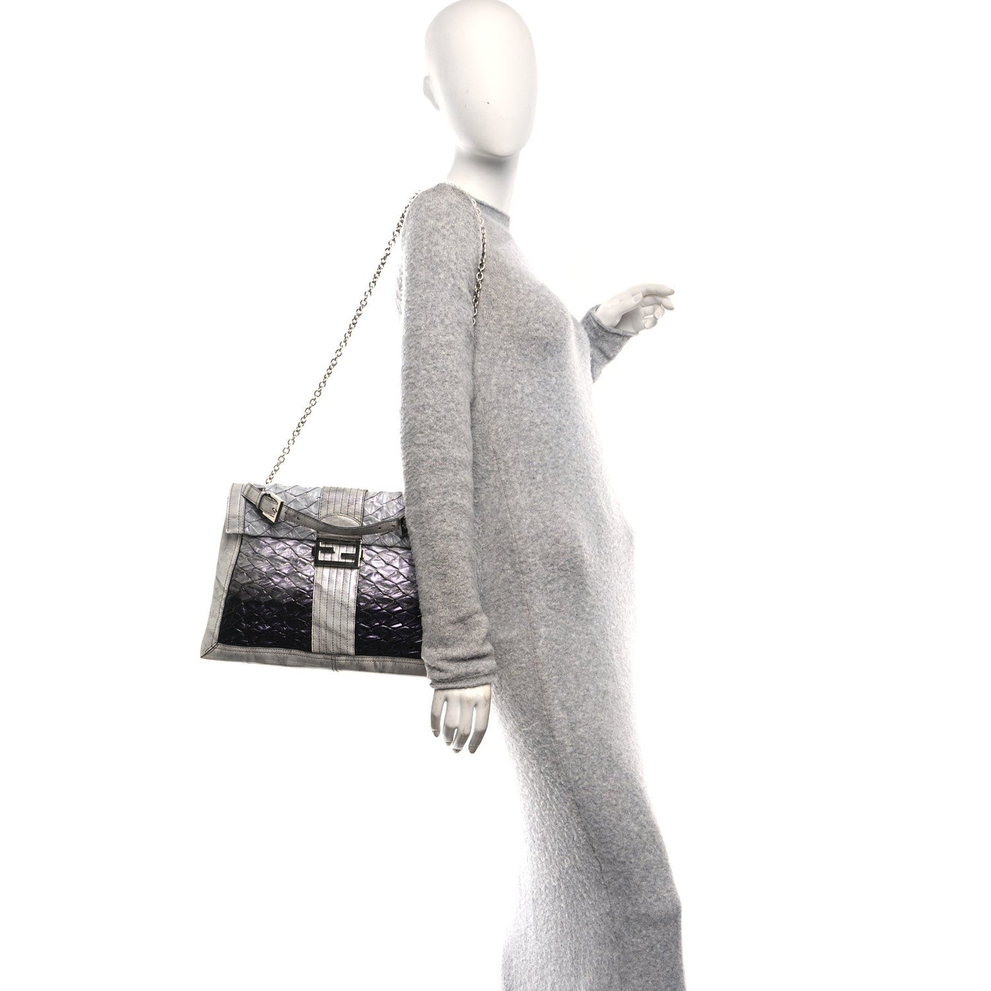 Iridescent Eelskin Maxi Chain Baguette Bag Grey Multicolor
