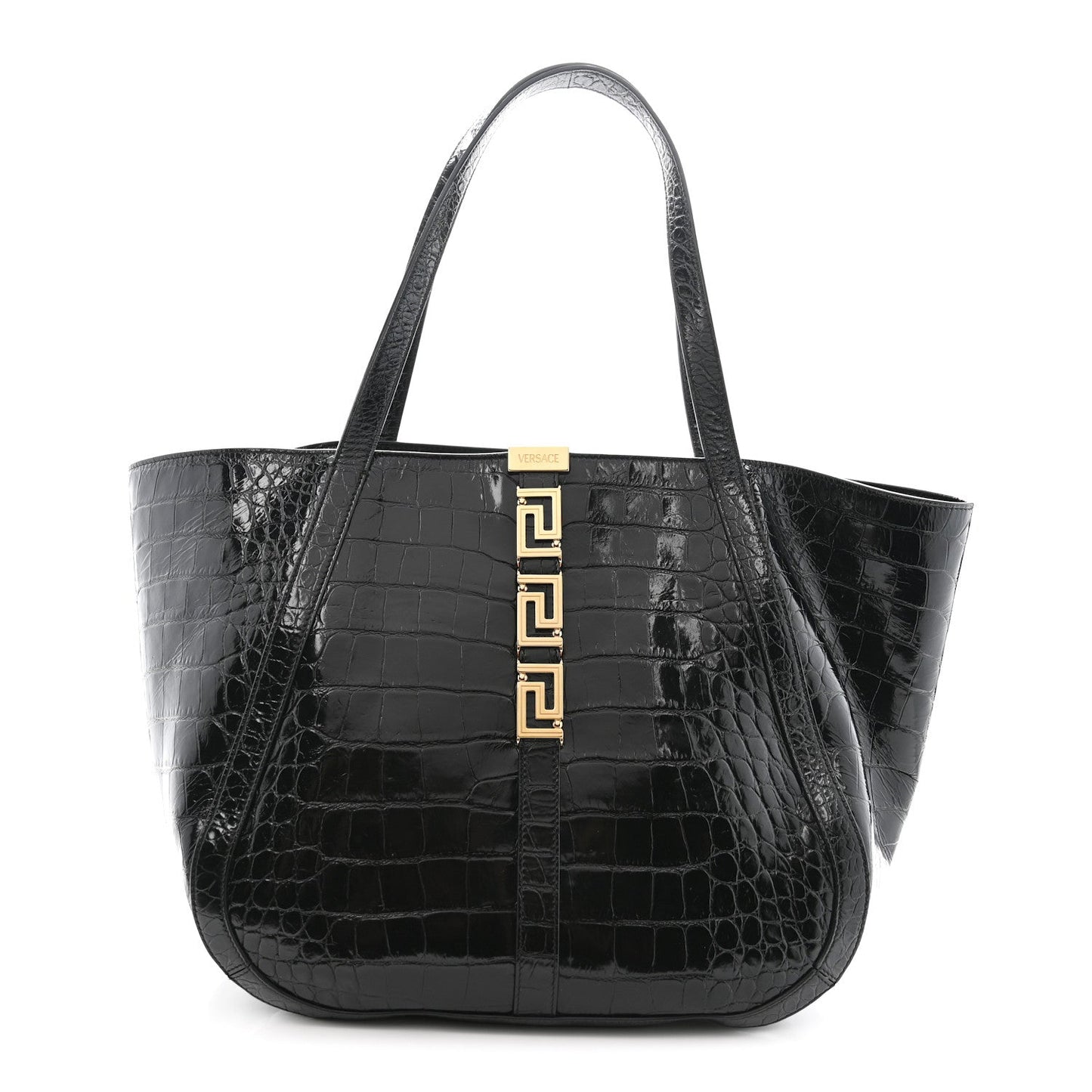 Calfskin Crocodile Embossed Greca Goddess Tote Bag Black
