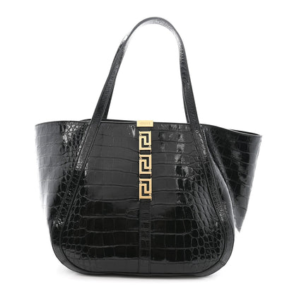 Calfskin Crocodile Embossed Greca Goddess Tote Bag Black