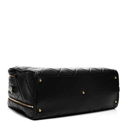 Shiny Grained Calfskin Quilted Travel Bowling Bag Black