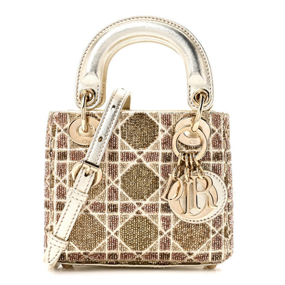 Metallic Lambskin Cannage Beaded Embroidered Micro Lady Dior Gold