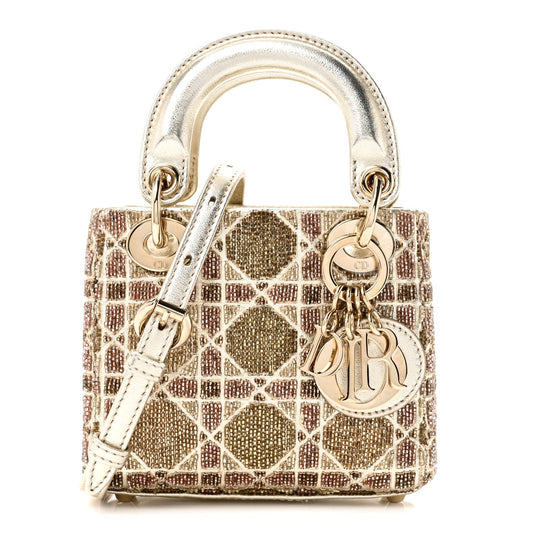 Metallic Lambskin Cannage Beaded Embroidered Micro Lady Dior Gold