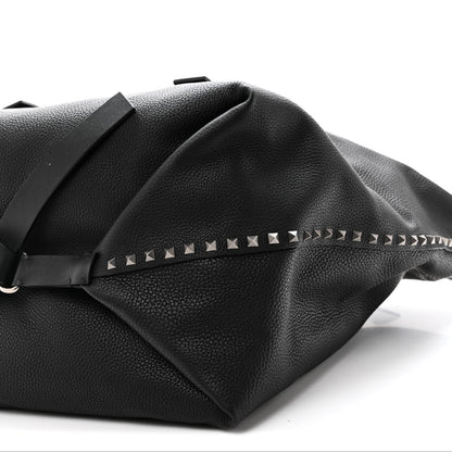 Grained Calfskin Rockstud Travel Tote Bag Black